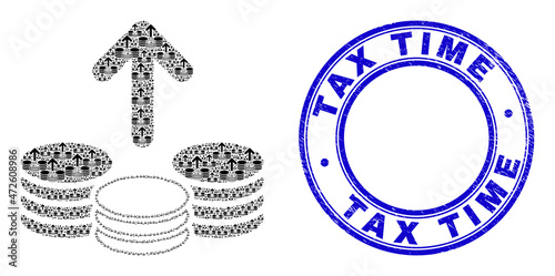 Vector spend coins icon composition is constructed from random recursive spend coins parts. Tax Time textured blue round stamp. Recursive composition for spend coins icon.