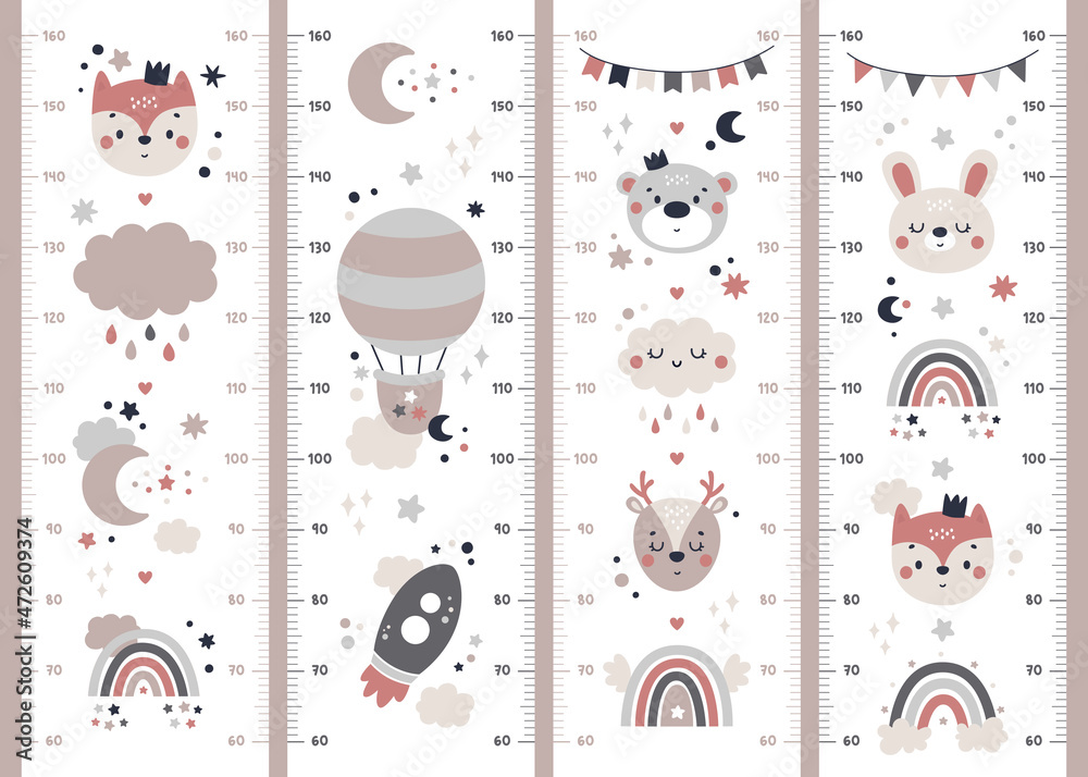 Vector Set of kids height charts with boho elements in terracotta colors with fox, bear, deer, hare, rainbow, cloud, moon, rocket. Meter wall with trendy flat art design. Children growth chart - obrazy, fototapety, plakaty 