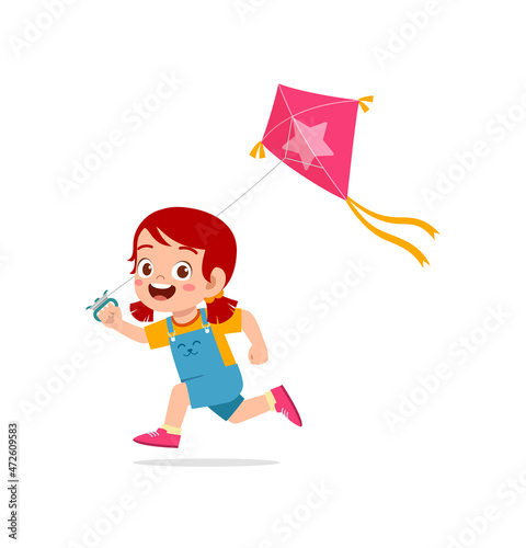cute little girl play kite outside and feel happy