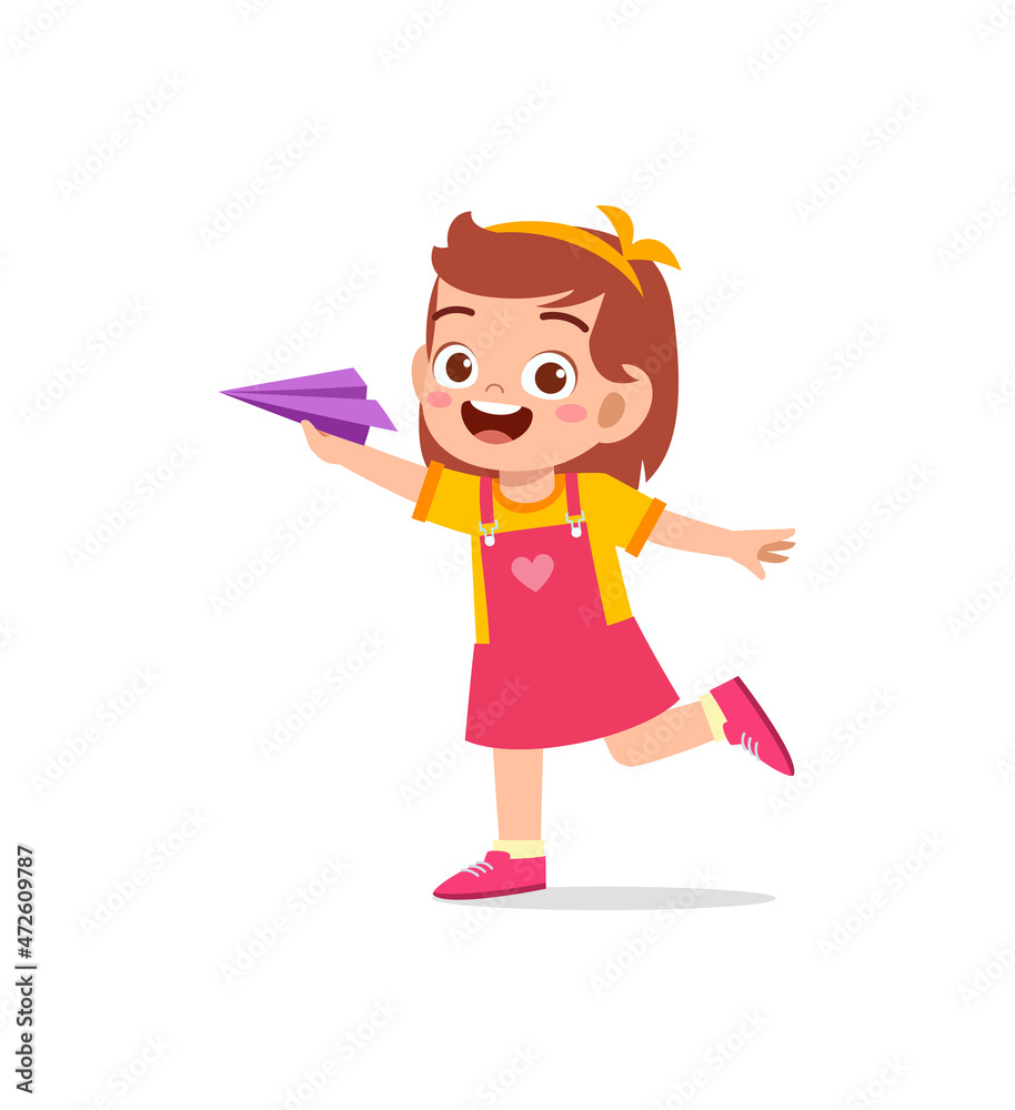 cute little girl play paper plane and feel happy cute little girl play paper plane and feel happy