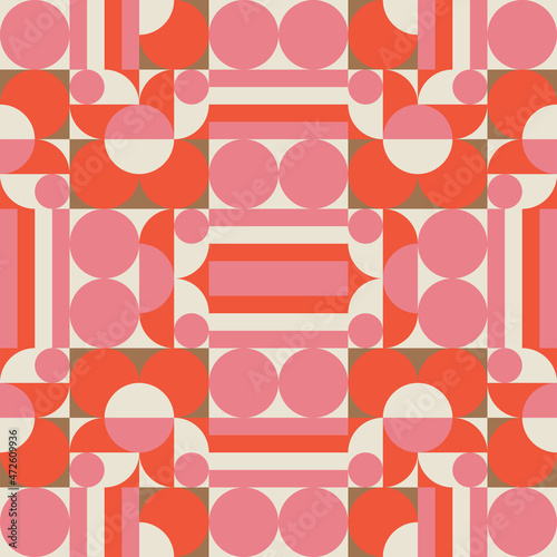 Modern abstract geometric background with circles, rectangles and squares in retro scandinavian style. Pastel colored simple shapes graphic pattern.