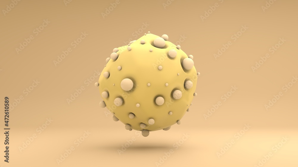 3d rendering of an abstract yellow sphere with an uneven surface and lots of small balls. Abstract 3d illustration for futuristic compositions, screensavers, desktop wallpapers. 3d rendering of an abstract yellow sphere with an uneven surface and lots of small balls. Abstract 3d illustration for futuristic compositions, screensavers, desktop wallpapers.
