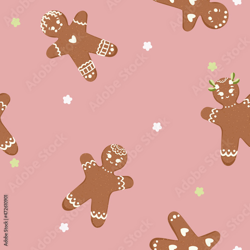 Vector Sweet Gingerbread Cookies on Pink seamless pattern background. Perfect for web design, fabric, scrapbooking and wallpaper projects.