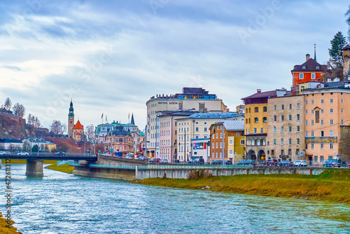 Old Salzburg, the view through the river, Austria photo