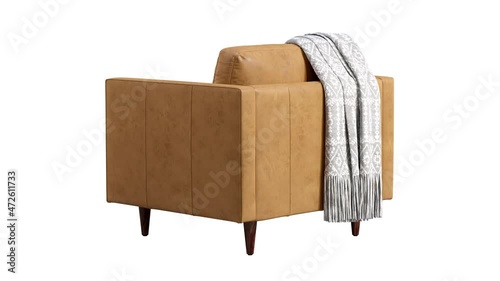 Circular animation of scandinavian leather chair. Brown leather upholstery armchair with pillows and throw plaid on white background. Mid-century, Loft, Chalet, Scandinavian interior. 3d render