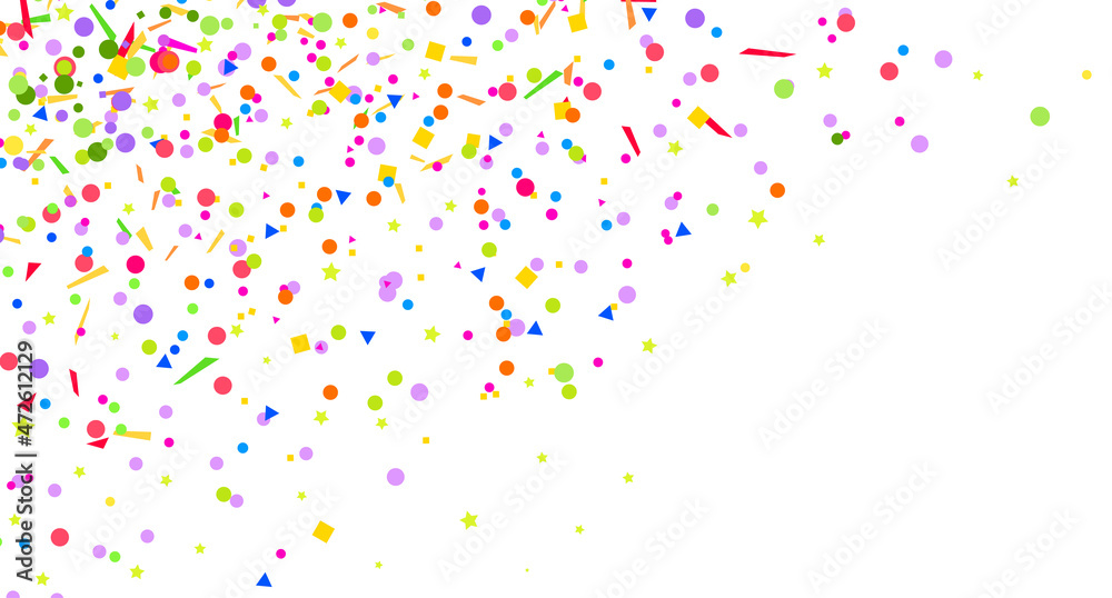 Confetti. Bright explosion. Texture with random geometric elements on isolated white. Abstract background. Pattern for design. Print for polygraphy, posters, t-shirts and textiles. Greeting cards