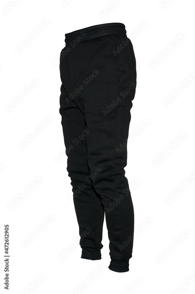Blank training jogger pants color black on invisible mannequin template side view on white background
Blank training jogger pants color black on invisible mannequin template side view on white background