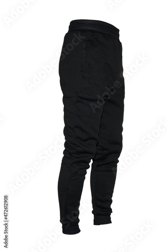 Blank training jogger pants color black on invisible mannequin template side view on white background
