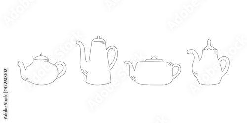 Set of line art teapots. Kitchen utensil. Doodle flat style. Isolated vector illustration