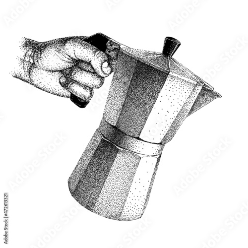 Geyser coffee maker in human hand. Pour coffee from Moka pot. Waiter, barista holding Italian Moka Express. Vector illustration in Pointillism style.