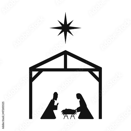 Den scene. Silhouette of the baby Jesus in the manger, the Virgin Mary, Joseph and the Christmas star. The birth of Jesus Christ. Feast of Christmas. Holy night. Vector illustration.