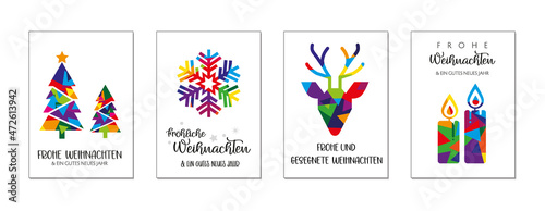 Weihnachtsgrüße mit vier verschiedenen weihnachtlichen Motiven und wünschen - farbenfroh und bunt