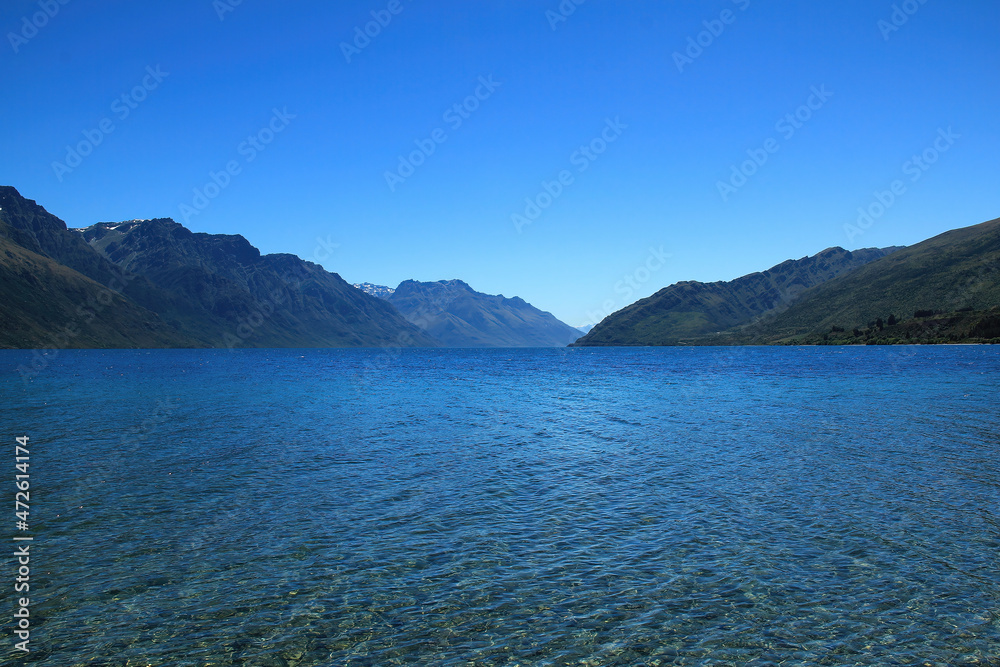 View of Lake , an inland lake in the South Island of New Zealand. It is in the southwest corner of the Otago region, near its boundary with Southland