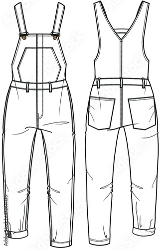 Women and Girls Denim Dungarees, Jumpsuit Front and Back View. Fashion Illustration, Vector, CAD, Technical Drawing, Flat Sketch.