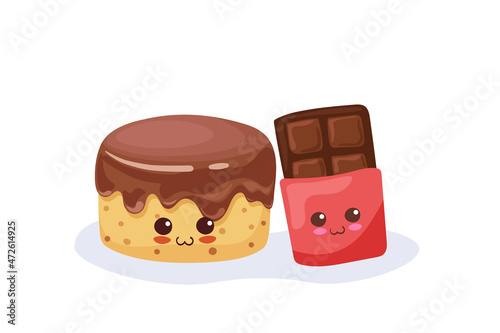 Cute vector illustration of Chocolate Pie and Choco Bar isolated on white background. Cartoon happy and funny food characters. Adorable comic fabric print, greeting card, poster. Kawaii drawing.