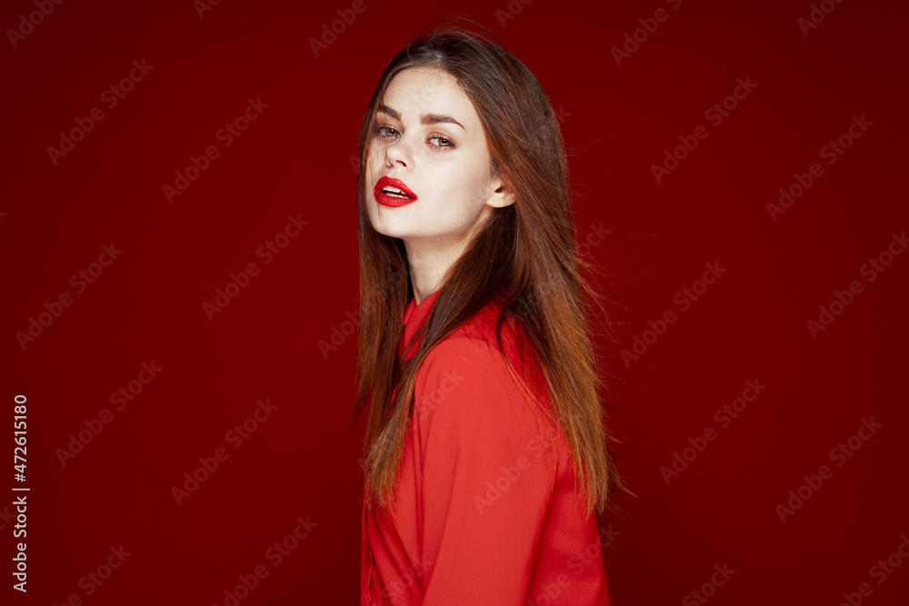 beautiful woman hairstyle makeup red shirt model