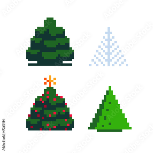 Christmas tree set. Design element of a New Year greeting card. Pixel art minimalistic style. 8-bit fir-tree, game assets. Isolated vector illustration. Element design for stickers, web and app.