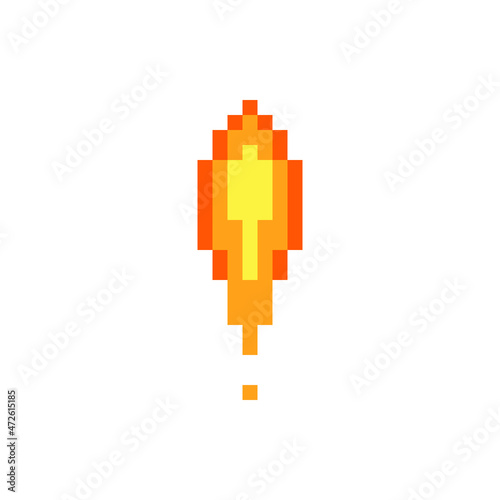 Flame. Pixel art fire icon. Knitted design. Bonfire isolated vector illustration. 8-bit sprite. Old school computer graphic style.
