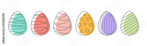 Set of Easter eggs in line art style with color spot isolated on white background. Stock vector illustration. 