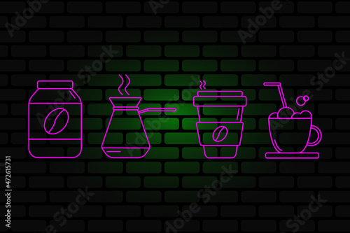 a set of coffee icons on a brick background