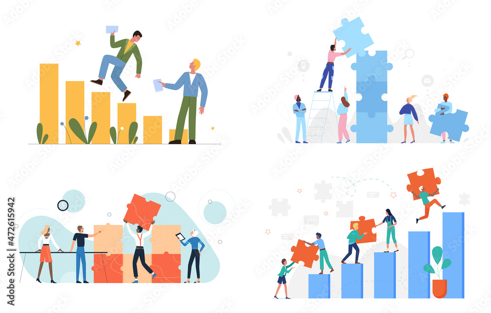 Business growth concept, success finance strategy and teamwork of business people set vector illustration. Cartoon businessman team of characters work to increase financial profit isolated on white