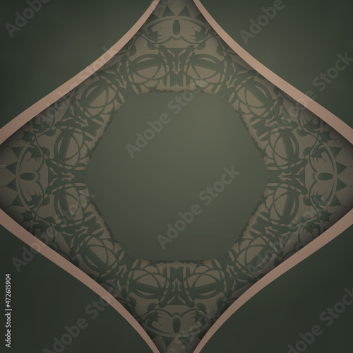 Greeting card template in green color with brown mandala pattern prepared for printing.