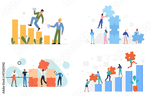 Business growth concept, success finance strategy and teamwork of business people set vector illustration. Cartoon businessman team of characters work to increase financial profit isolated on white