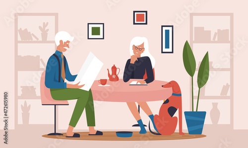 Elderly couple sitting at kitchen table and drink tea or coffee together vector illustration. Cartoon aged man character reading newspaper, pet dog sitting on floor in home interior background