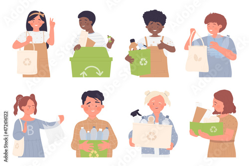 Kids sorting waste garbage isolated, environmental protection vector illustration set. Cartoon girl and boy child care and protect planet ecology, zero waste, eco friendly responsibility of children