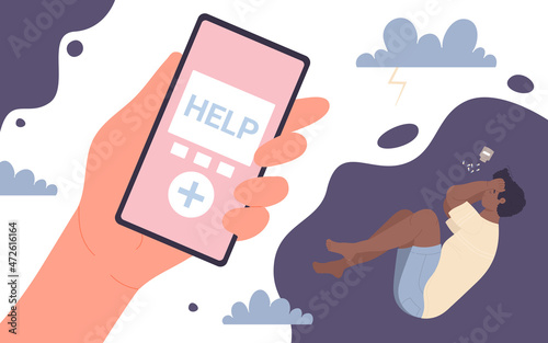 Online psychologist help vector illustration. Cartoon hand holding mobile phone with hotline app on screen, male character lying in need of counseling and therapy. Mental health, crisis concept