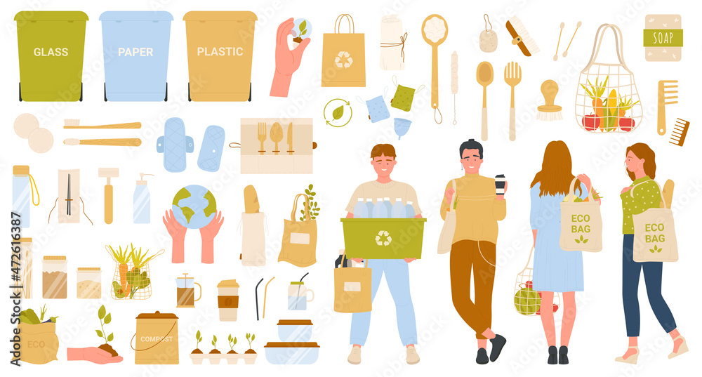 Zero waste lifestyle infographic vector illustration. Cartoon people with eco bag or sorting box, garbage recycling containers for glass plastic and paper, bamboo hygiene items isolated on white