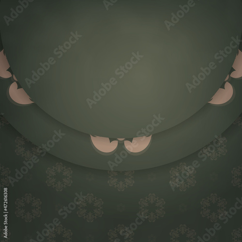 Greeting card template in green color with luxurious brown pattern prepared for printing.