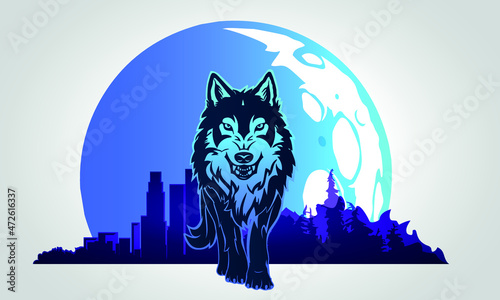 wolf lonely character gradient city forest night