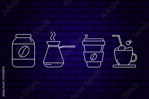 a set of coffee icons on a brick background