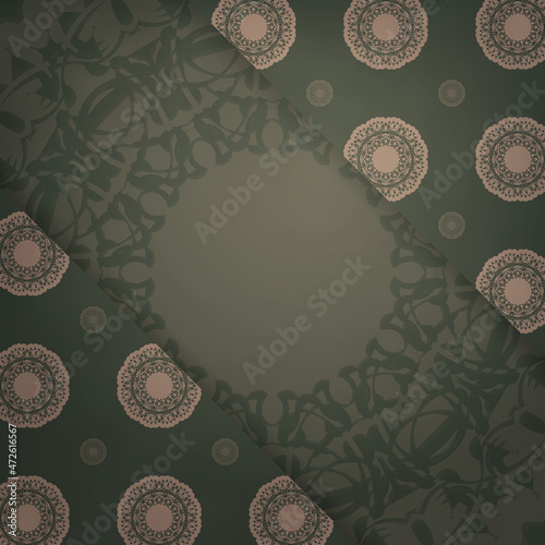 Greeting card template in green color with vintage brown pattern prepared for printing.