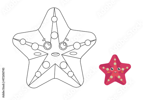 Children's coloring page with starfish. Coloring book with sea animal with example