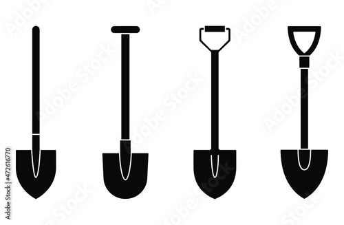 Shovel icon. Shovel for digging and construction. Set of shovels. Hand tool icon. Vector illustration. Shovel symbols photo