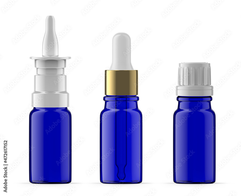 Set of 10 ml Blue Glass Bottles. Nasal spray, Essential Oil and Dropper Bottle. Isolated Set of 10 ml Blue Glass Bottles. Nasal spray, Essential Oil and Dropper Bottle. Isolated