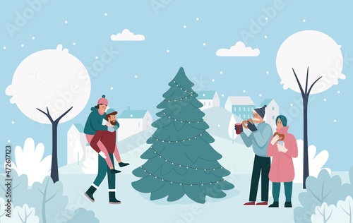 Happy family enjoy winter season and cold weather together vector illustration. Cartoon dad holding cute daughter, elderly couple drinking hot drink with dessert near Christmas tree. Xmas time concept