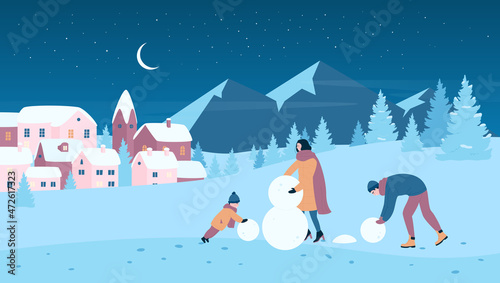 Family people play fun game and make snowman at Christmas night landscape vector illustration. Cartoon kid and parent enjoy cold wonderland of mountain village resort, xmas vacation background
