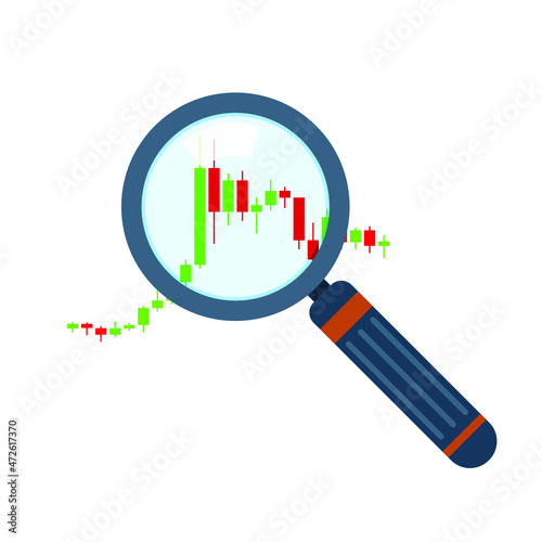 Business icon. Concept of financial analysis. Vector illustration. Financial candlestick chart with magnifier.