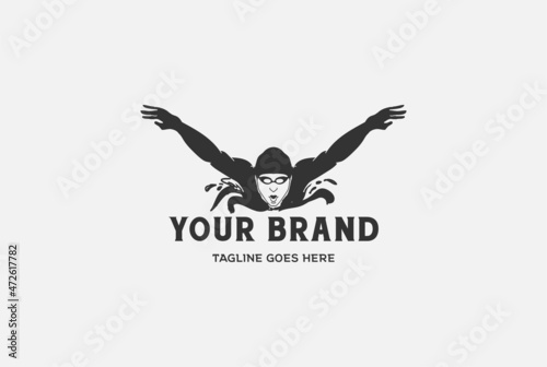 Simple Man Swimming Pool Silhouette Sea Ocean Water Wave for Sport Logo Design Vector