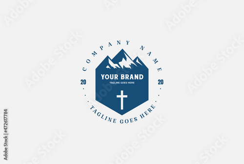 Vintage Retro Mountain with Christian Cross for Church or Chapel Religion Logo Design Vector