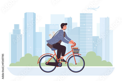 Fototapeta Naklejka Na Ścianę i Meble -  Teacher hipster on bicycle vector illustration. Cartoon speed ride and travel of man with books in basket, young cyclist riding eco transport on city street with skyscrapers. Active lifestyle concept