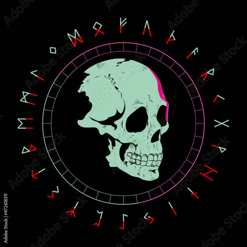 T-shirt vector design of a skull  and runic characters isolated on black. Poster