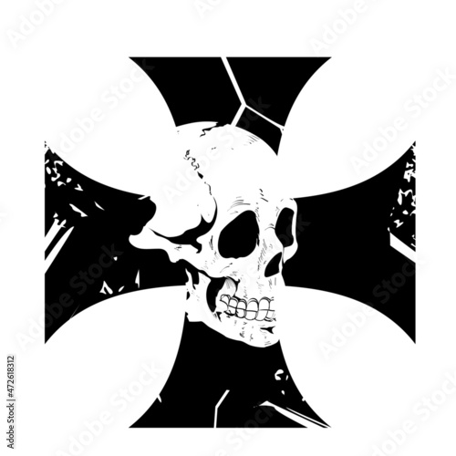 Vector illustration for human skull t-shirt on black cross isolated on white. Demoniac vector for posters. 	