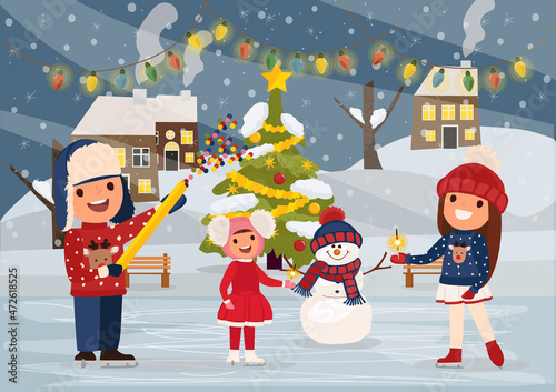 Merry Christmas and Happy New Year! Picture of happy family celebrating New Year eve. Vector illustration.