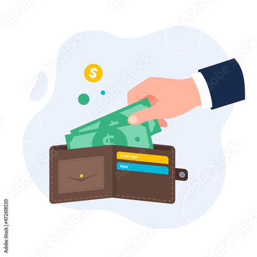 Hand takes banknotes from the wallet. Payment by cash. Vector flat illustration isolated on the white background.