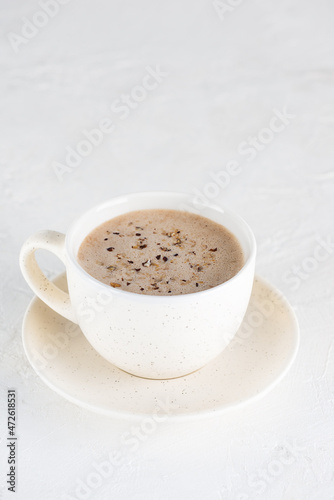 Nutty mochaccino coffee in a mug.