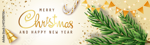 Christmas and New Year background. Xmas tree branch. Abstract Gold Christmas Trees. Bright Winter holiday composition. Light headers for website